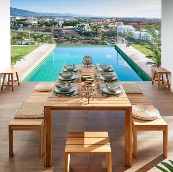 Teak Lincoln Dining Table + Bench + Stool